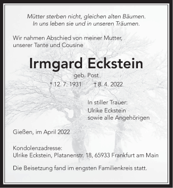 Traueranzeige von Irmgard Eckstein von FZ