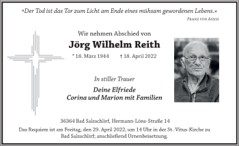 Traueranzeige von Jörg Wilhelm Reith von FZ