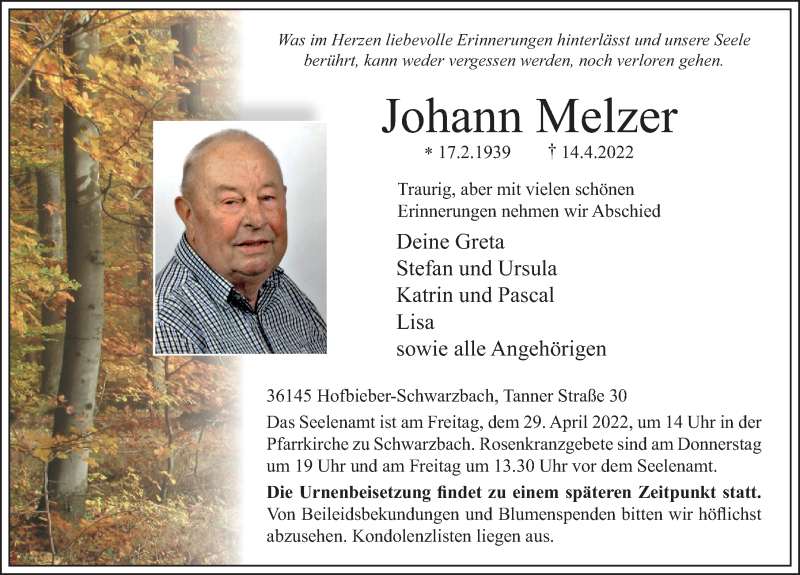  Traueranzeige für Johann Melzer vom 27.04.2022 aus FZ