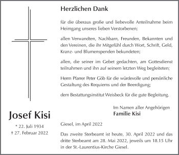 Traueranzeige von Josef Kisi von FZ