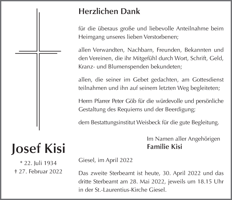  Traueranzeige für Josef Kisi vom 30.04.2022 aus FZ