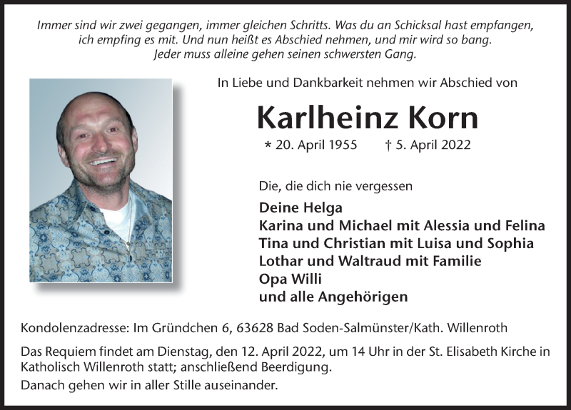  Traueranzeige für Karlheinz Korn vom 09.04.2022 aus FZ