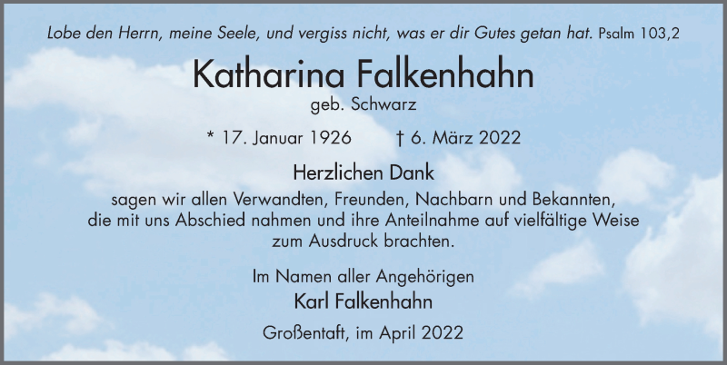  Traueranzeige für Katharina Falkenhahn vom 08.04.2022 aus FZ