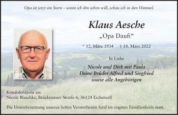 Traueranzeige von Klaus Aesche von FZ