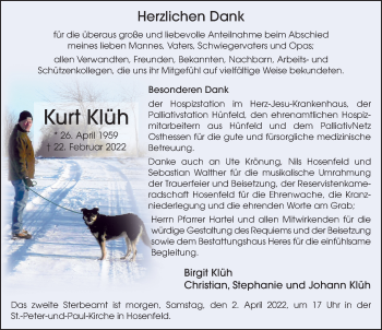 Traueranzeige von Kurt Klüh von FZ