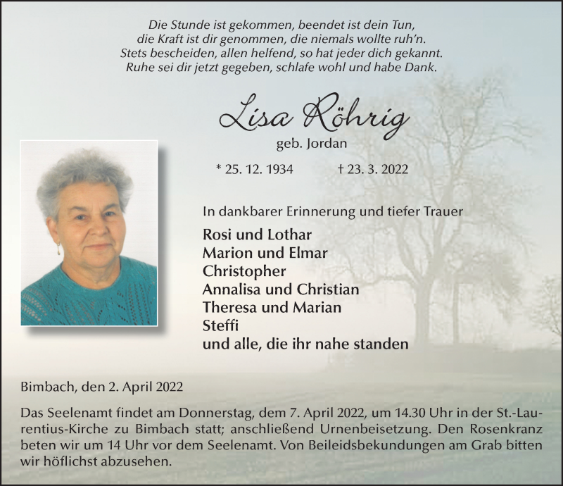  Traueranzeige für Lisa Röhrig vom 02.04.2022 aus FZ