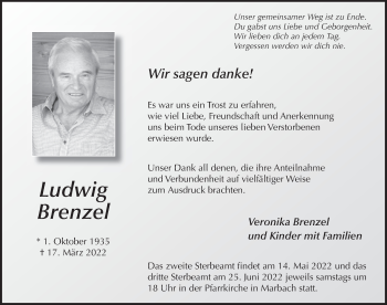 Traueranzeige von Ludwig Brenzel von FZ