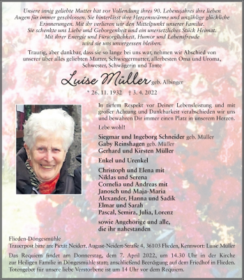 Traueranzeige von Luise Müller von FZ