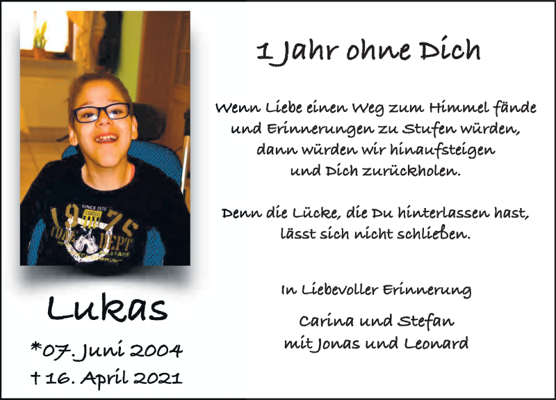  Traueranzeige für Lukas Lang vom 16.04.2022 aus FZ