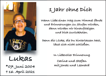 Traueranzeige von Lukas Lang von FZ