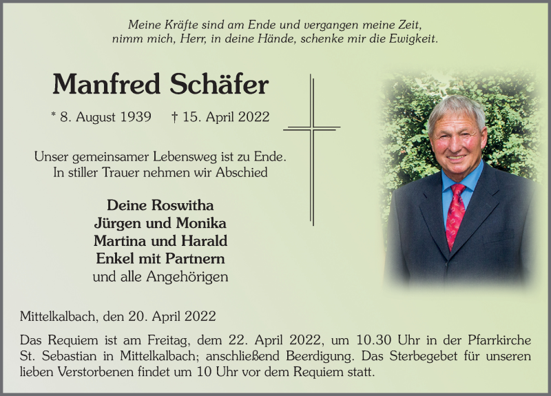  Traueranzeige für Manfred Schäfer vom 20.04.2022 aus FZ