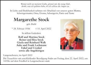 Traueranzeige von Margarethe Stock von FZ