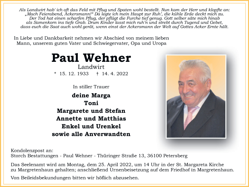  Traueranzeige für Paul Wehner vom 20.04.2022 aus FZ