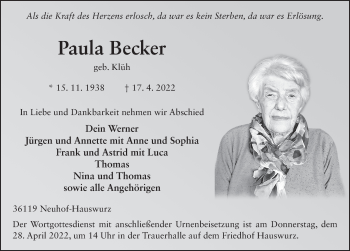 Traueranzeige von Paula Becker von FZ