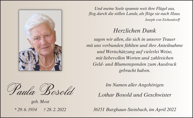  Traueranzeige für Paula Bosold vom 09.04.2022 aus FZ