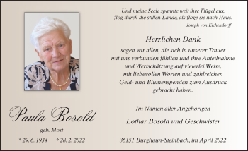 Traueranzeige von Paula Bosold von FZ