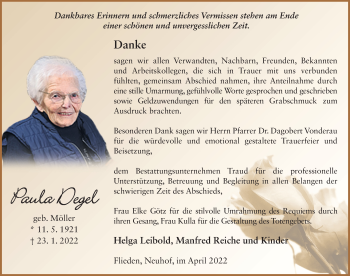 Traueranzeige von Paula Degel von FZ