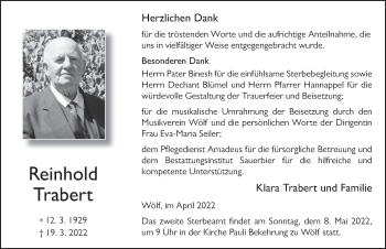 Traueranzeige von Reinhold Trabert von FZ