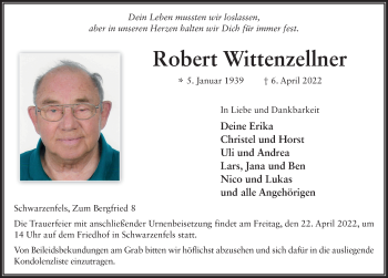 Traueranzeige von Robert Wittenzellner von FZ