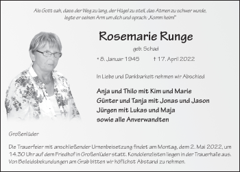 Traueranzeige von Rosemarie Runge von FZ