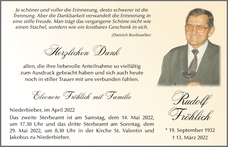  Traueranzeige für Rudolf Fröhlich vom 23.04.2022 aus FZ