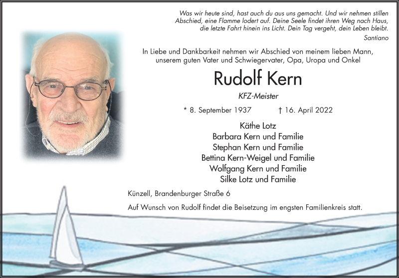  Traueranzeige für Rudolf Kern vom 30.04.2022 aus FZ