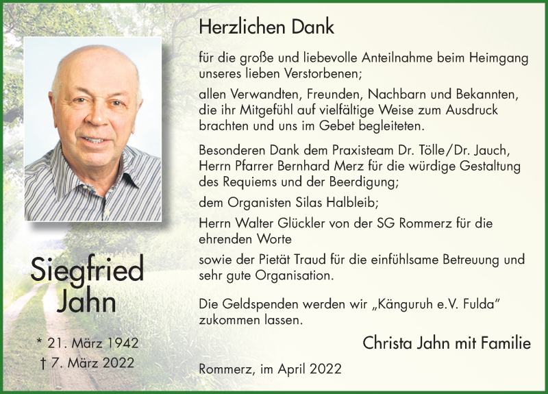  Traueranzeige für Siegfried Jahn vom 27.04.2022 aus FZ