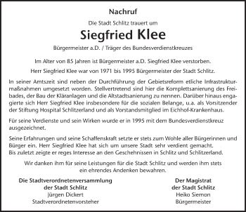 Traueranzeige von Siegfried Klee von FZ