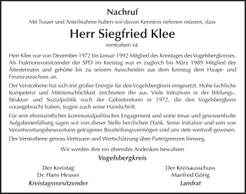 Traueranzeige von Siegfried Klee von FZ