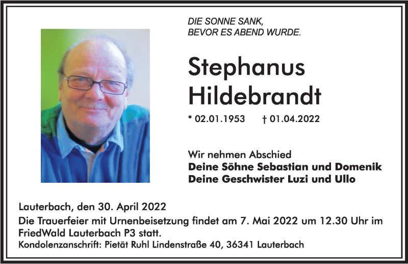  Traueranzeige für Stephanus Hildebrandt vom 30.04.2022 aus FZ