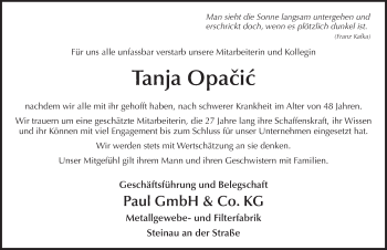 Traueranzeige von Tanja Opacic von FZ