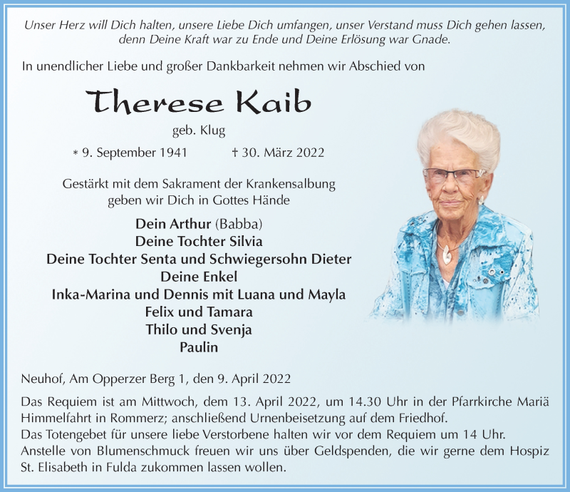  Traueranzeige für Therese Kaib vom 09.04.2022 aus FZ