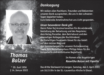 Traueranzeige von Thomas Balzer von FZ