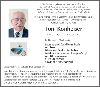 Traueranzeige von Toni Konheiser von FZ