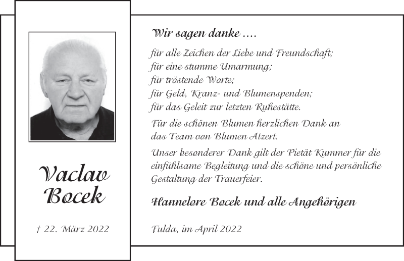  Traueranzeige für Vaclav Bocek vom 30.04.2022 aus FZ