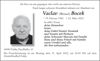 Traueranzeige von Vaclav Bocek von FZ