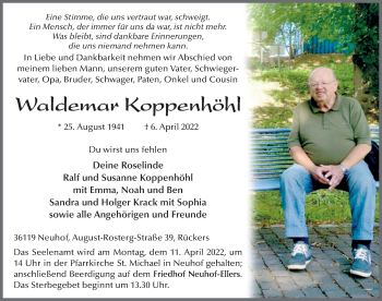 Traueranzeige von Waldemar Koppenhöhl von FZ