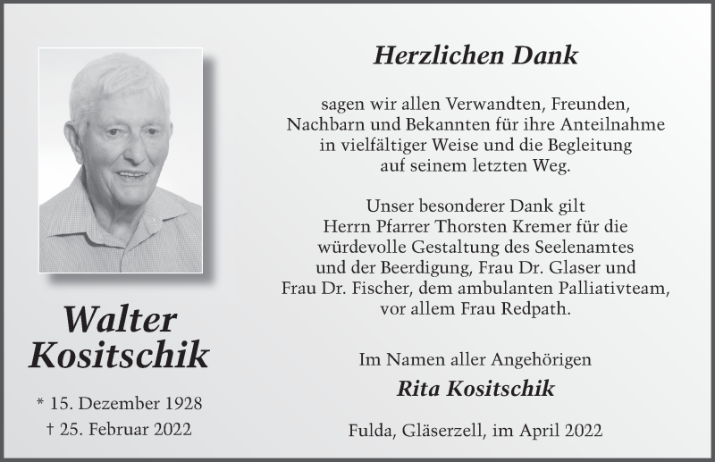  Traueranzeige für Walter Kositschik vom 09.04.2022 aus FZ