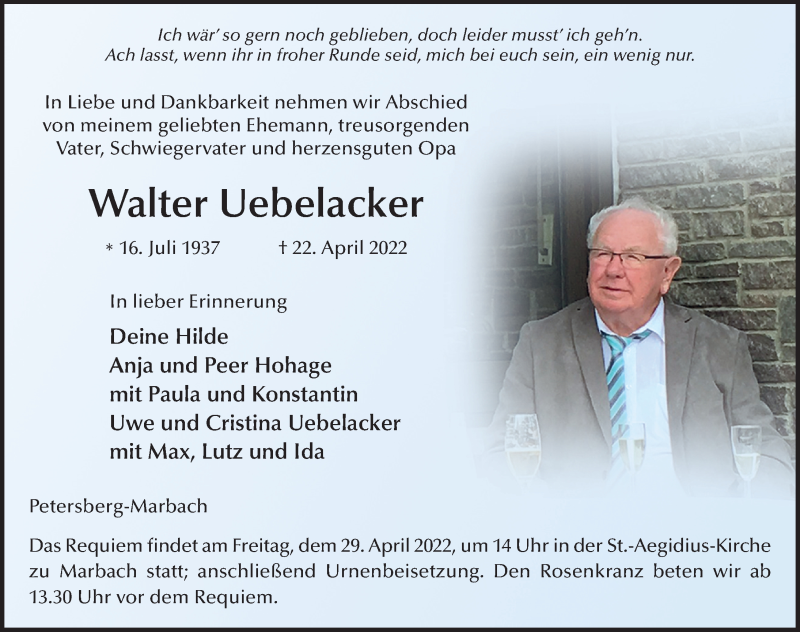  Traueranzeige für Walter Uebelacker vom 27.04.2022 aus FZ