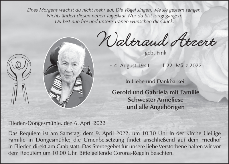  Traueranzeige für Waltraud Atzert vom 06.04.2022 aus FZ