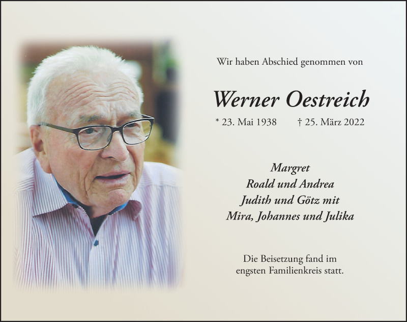  Traueranzeige für Werner Oestreich vom 05.04.2022 aus FZ