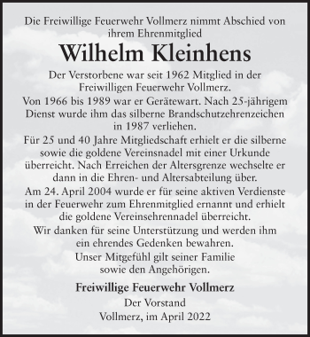 Traueranzeige von Wilhelm Kleinhens von FZ