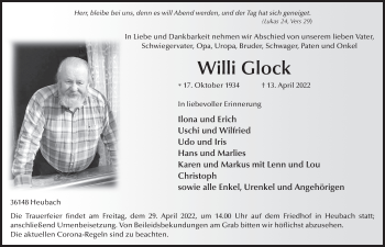 Traueranzeige von Willi Glock von FZ