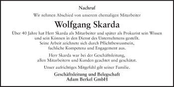 Traueranzeige von Wolfgang Skarda von FZ