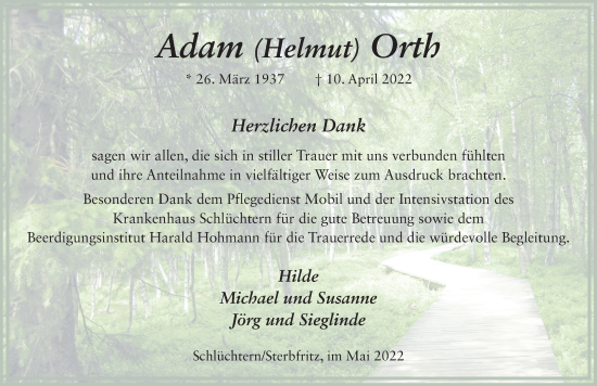 Traueranzeige von Adam Orth von FZ