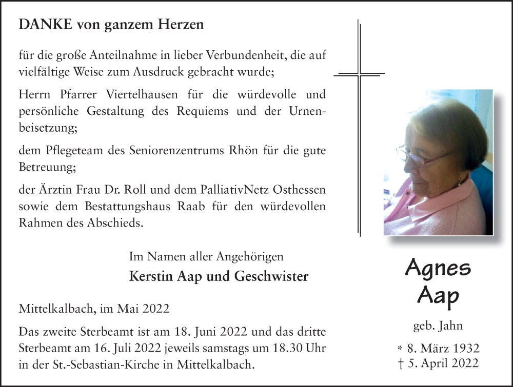  Traueranzeige für Agnes Aap vom 21.05.2022 aus FZ