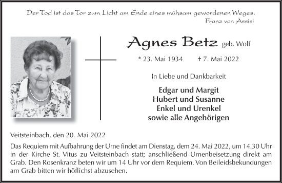 Traueranzeige von Agnes Betz von FZ