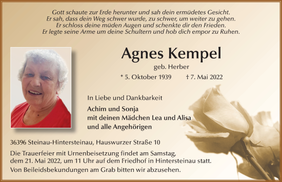 Traueranzeige von Agnes Kempel von FZ