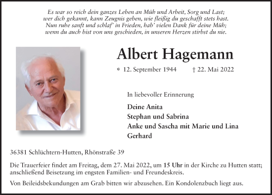 Traueranzeige von Albert Hagemann von FZ