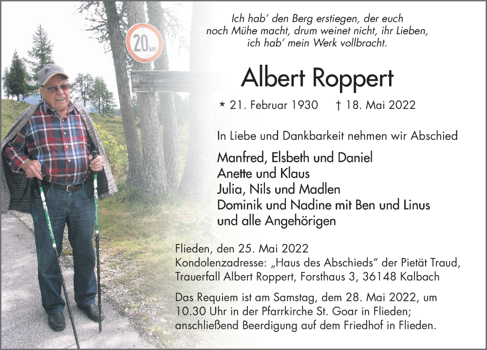  Traueranzeige für Albert Roppert vom 25.05.2022 aus FZ